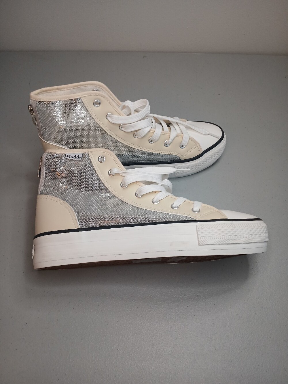 Cream Faux Leather & Silver Sequin High Top Lace Up Platform Sneakers 10M New!